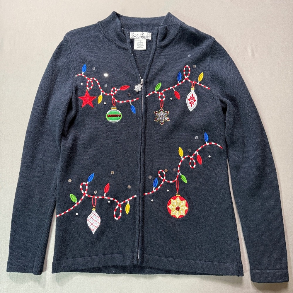 Nouveau Christmas Ornament Lights Sequins Embellished Knit Zip Up Cardigan‎